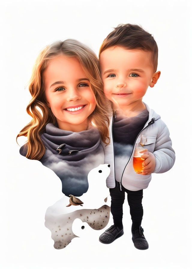 Young girl and toddler boy digital artwork with exaggerated features