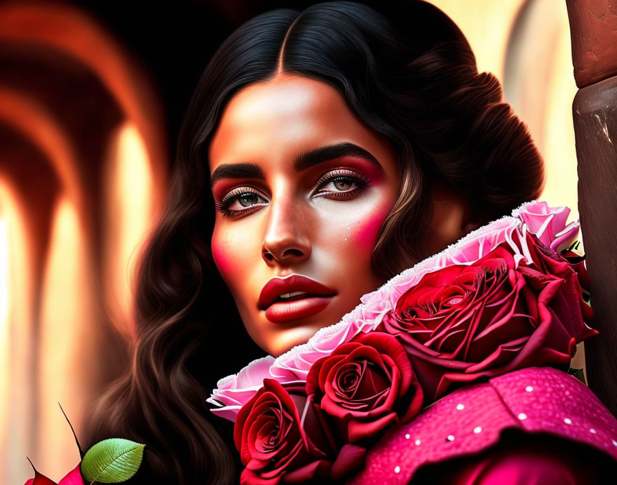 Digital Artwork: Woman with Dark Hair and Red Rose Dress on Fiery Background