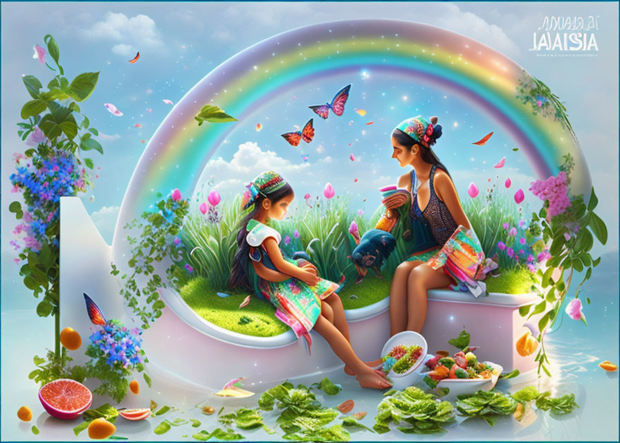 Vibrant garden scene with two girls, rainbow, butterflies, fruits, and flowers