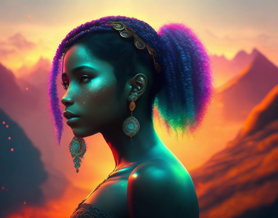 Vibrant Multicolored Hair Woman Artwork Against Fiery Mountainous Backdrop