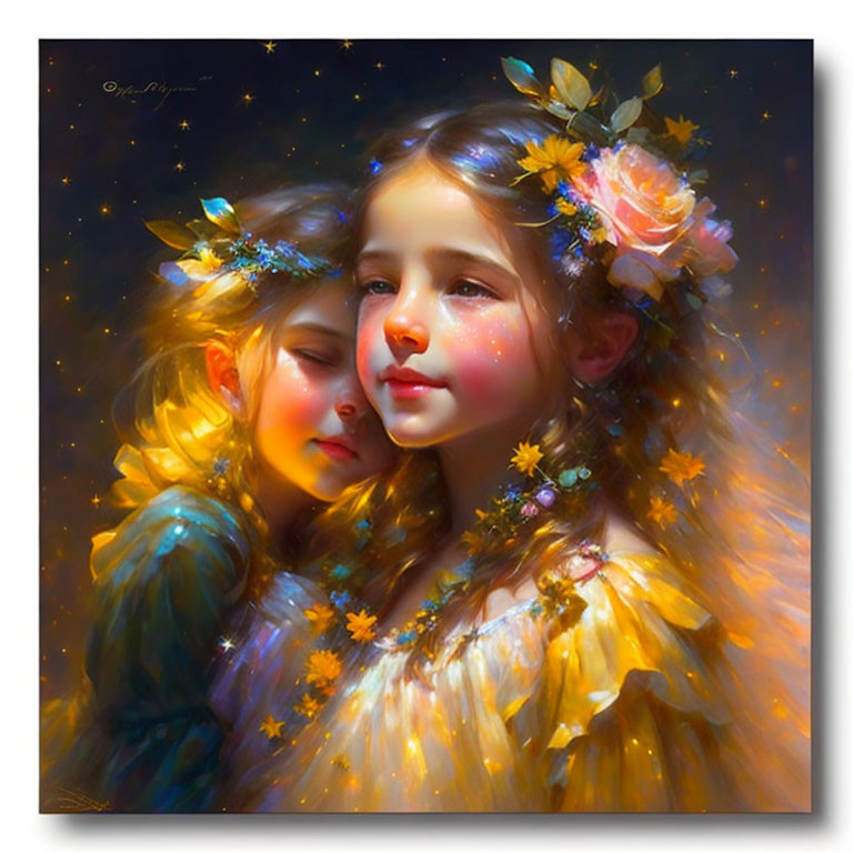 Two girls embracing with floral adornments under soft glow