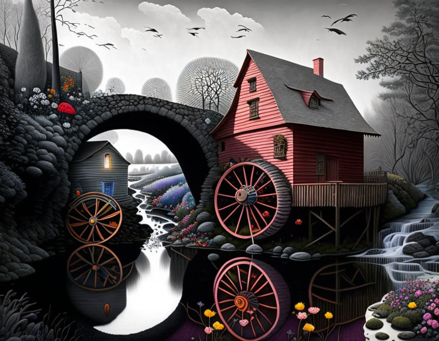 Illustration of Red Mill House with Water Wheels in Enchanted Landscape