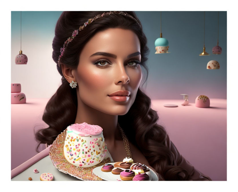 Digital portrait of woman surrounded by cupcakes on soft pink background