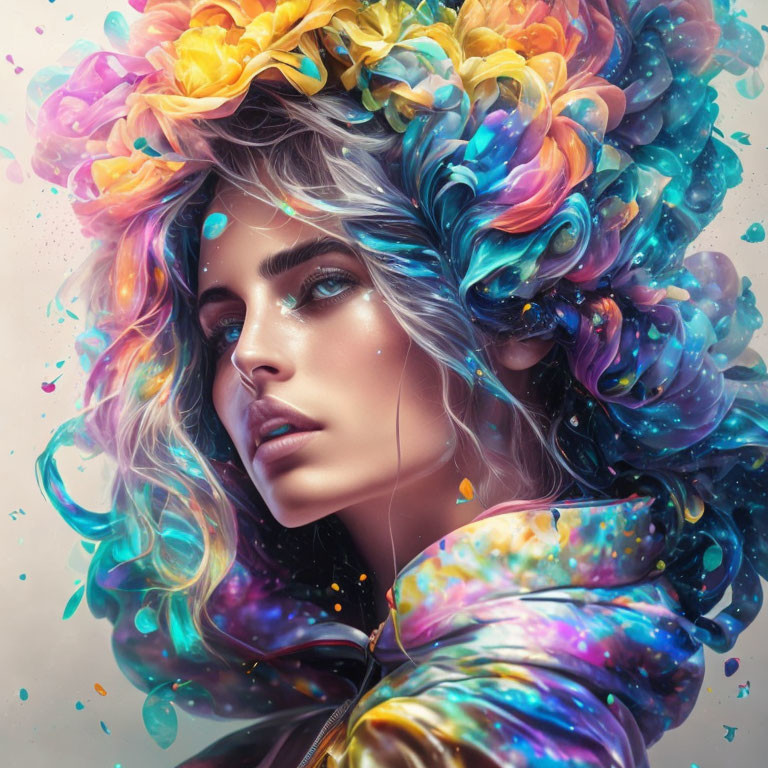 Colorful Floral Wreath Woman with Vibrant Hair and Metallic Cosmos Jacket