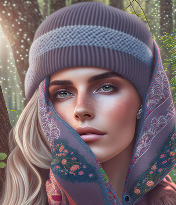 Blonde woman with blue eyes in knit beanie and floral scarf in woodland scene