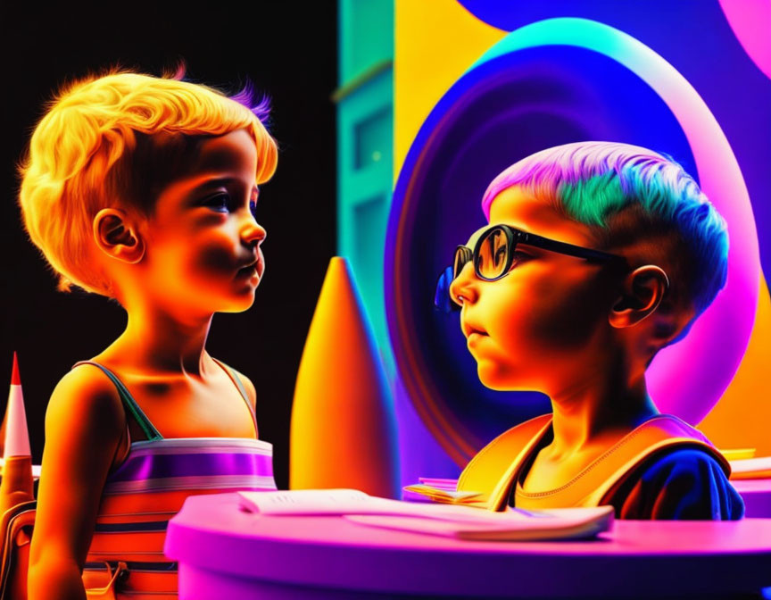 Children playing near neon lights and colorful shapes.