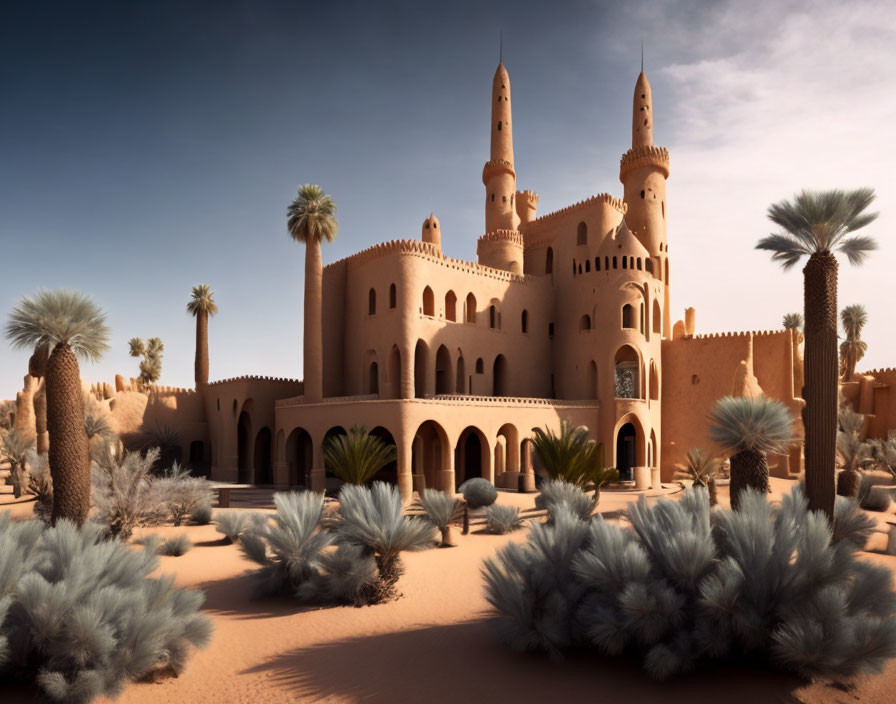 Sandstone palace with towers and arches in desert oasis landscape
