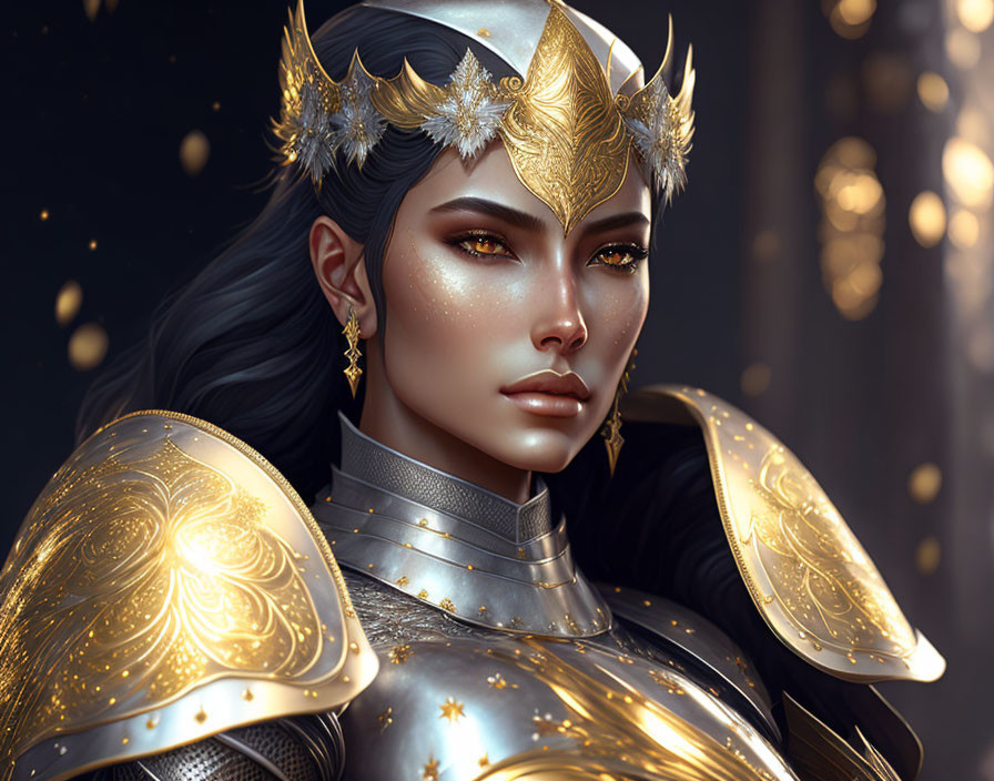 Digital artwork of a woman in golden crown and armor with snowflake designs.