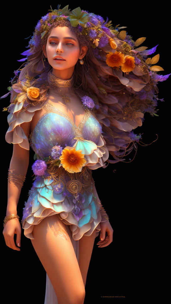 Digital Artwork: Woman in Floral Crown and Dress with Iridescent Textures