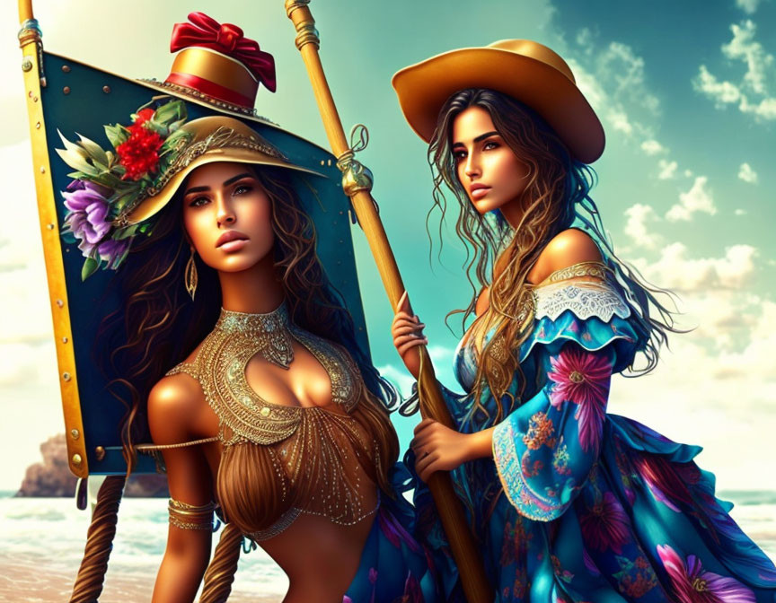 Two women in historical fantasy attire with shield and spear by seascape.