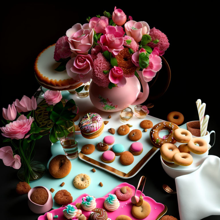 Desserts and Flowers Arrangement with Pink Roses on Dark Background
