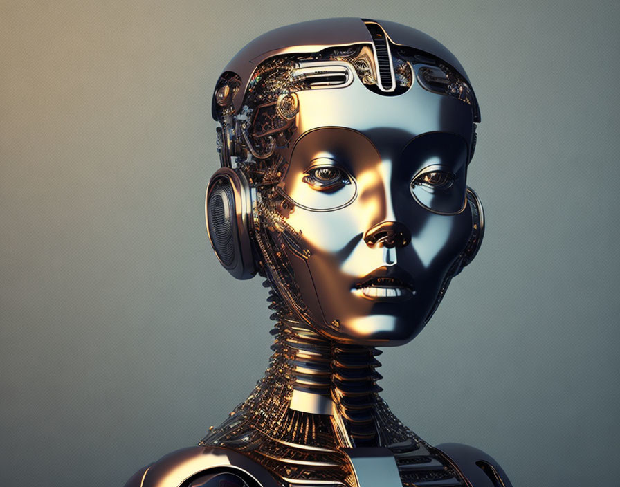Detailed futuristic female robot with metallic finish and headphones.