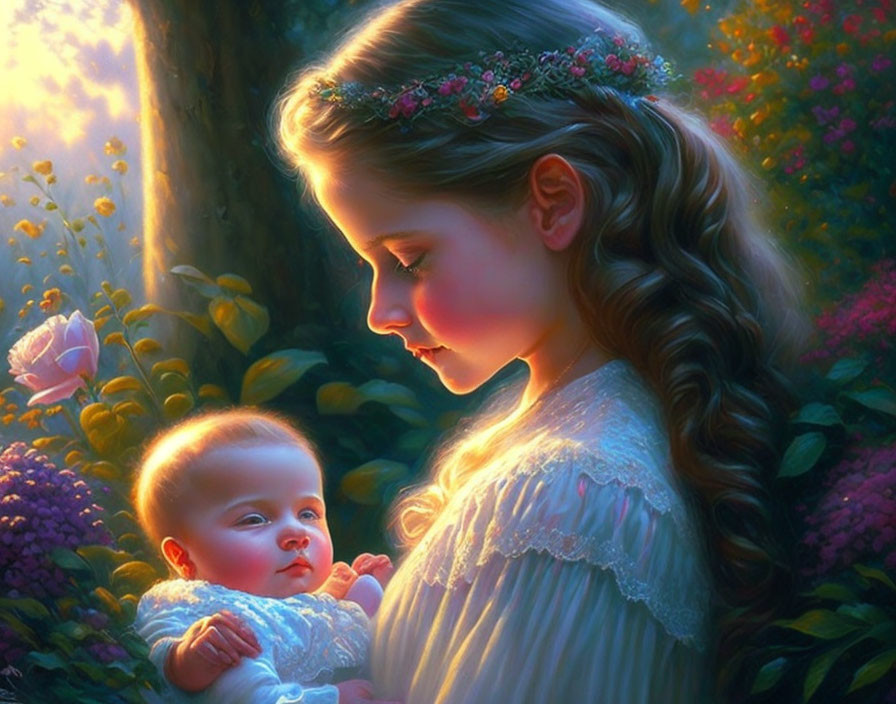 Girl with flower crown holding baby in sunlit forest.
