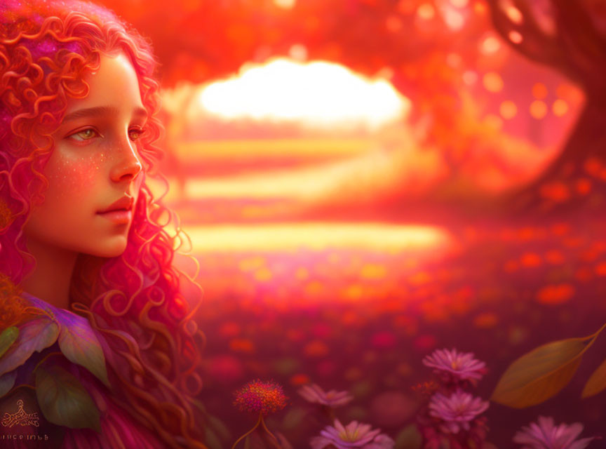 Young girl with curly hair in magical forest at sunset