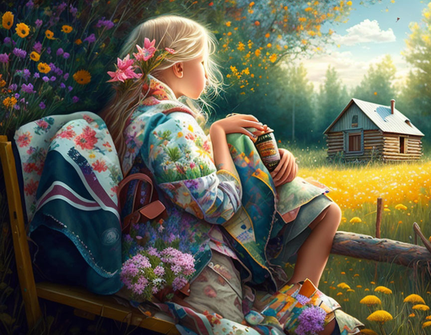 Girl with lantern on bench in meadow with cabin and greenery