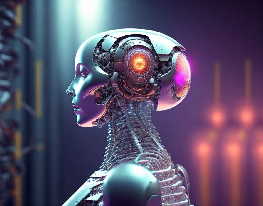 Detailed futuristic robotic head with glowing orange elements on abstract tech background