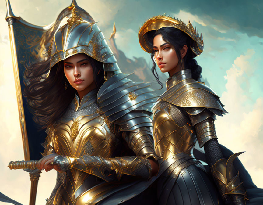 Two female warriors in ornate golden armor under dramatic sky.