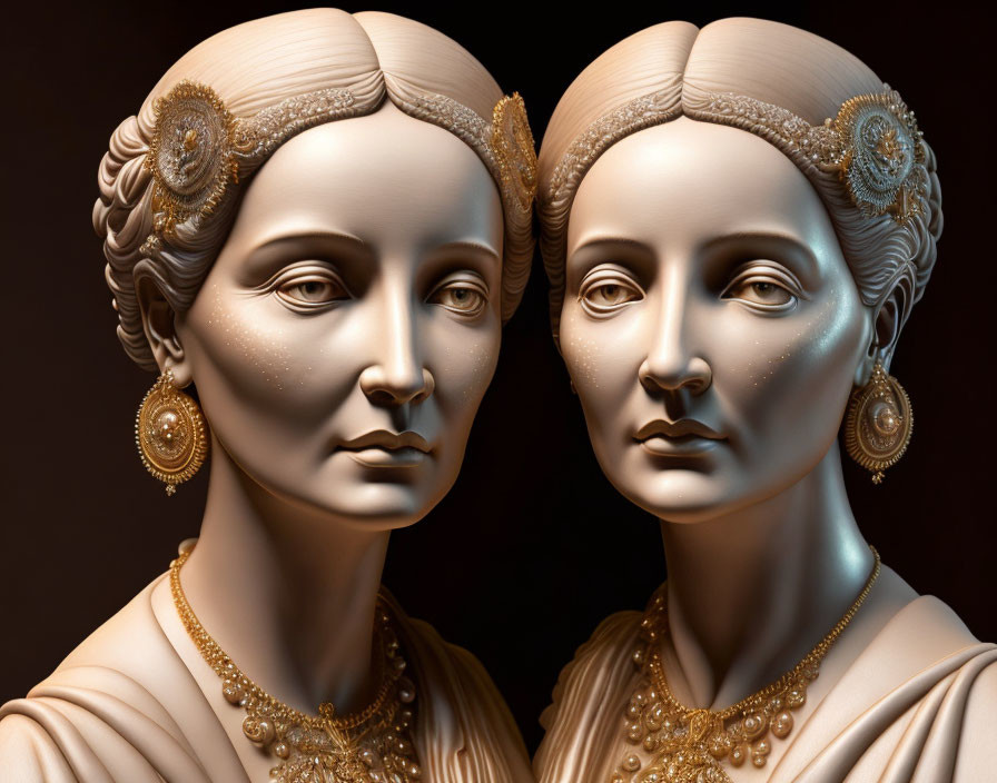 Symmetrical digital artwork: Two female figures with classical hairstyles and gold jewelry