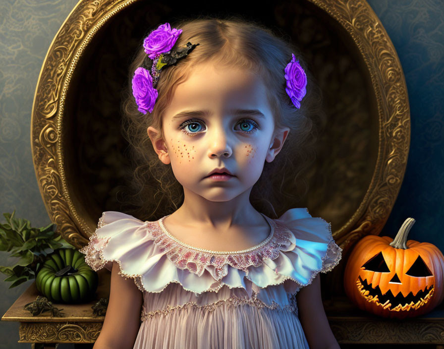 Young girl with blue eyes in frilly dress near carved pumpkin and ornate mirror.