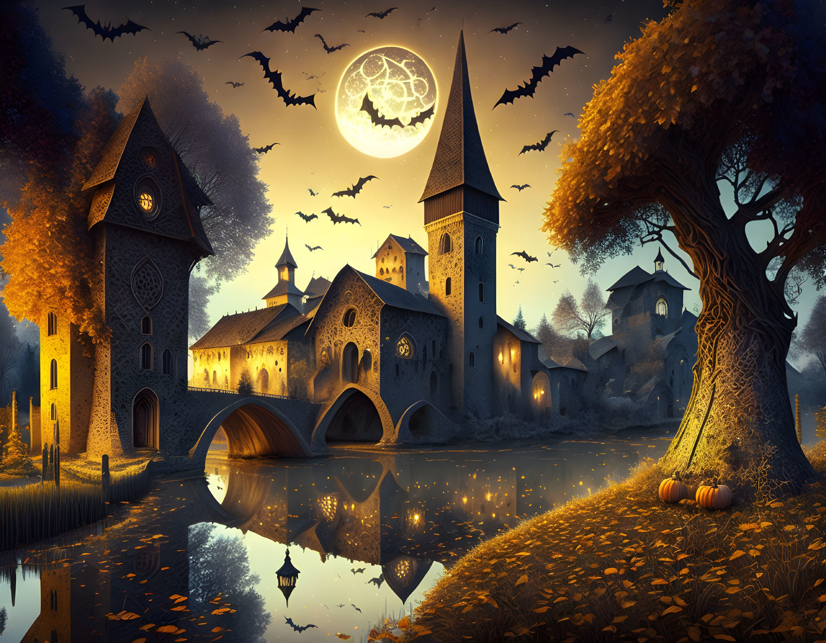 Medieval village by tranquil river under full moon with autumn theme