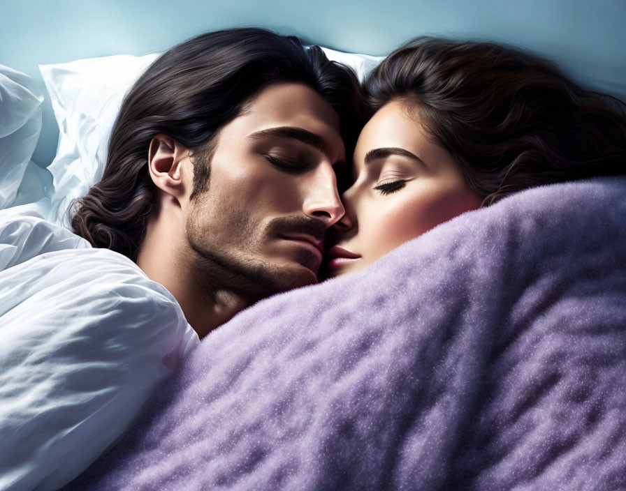 Man and woman peacefully sleeping in bed under purple blanket with soft light