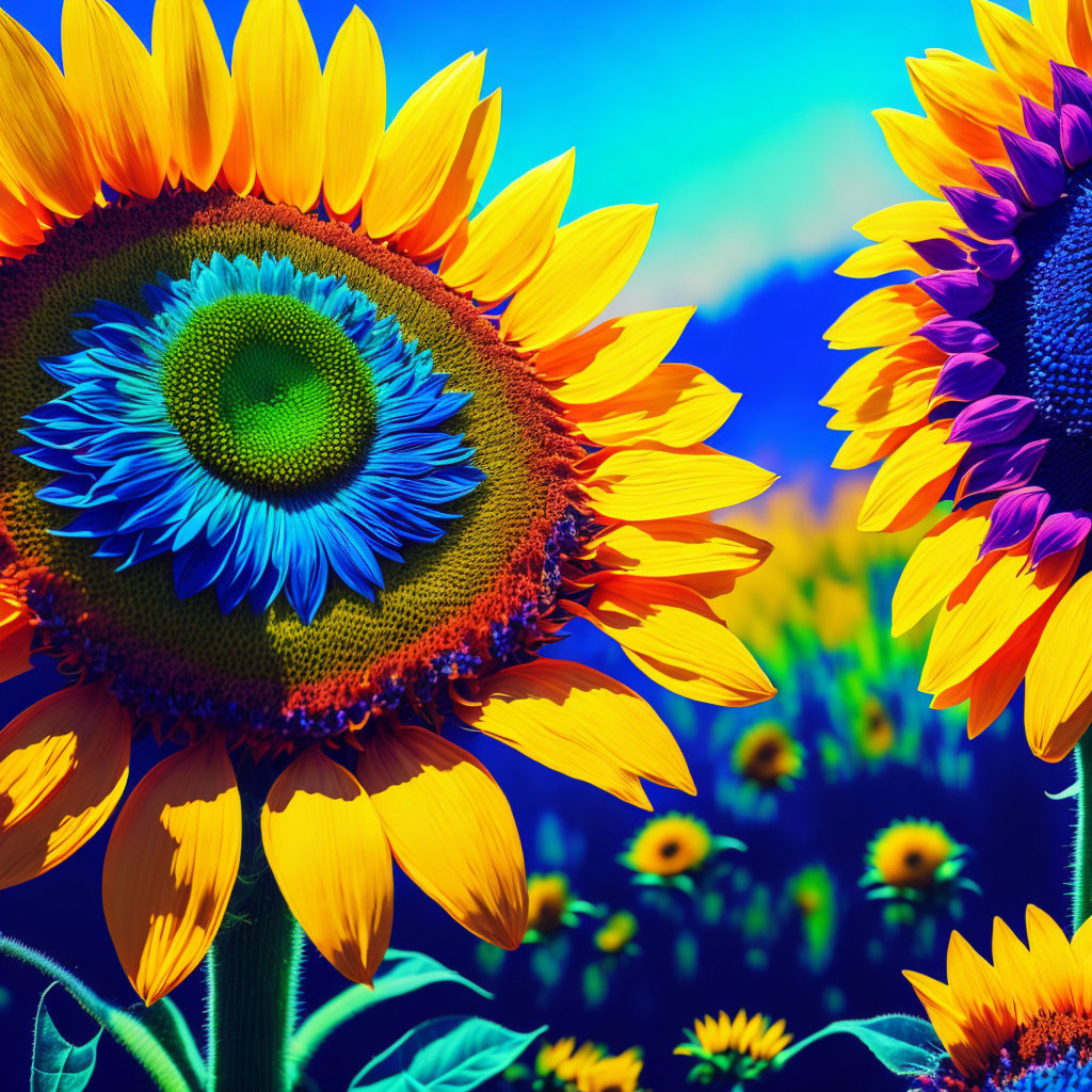 Colorful sunflowers against vivid blue sky for striking effect