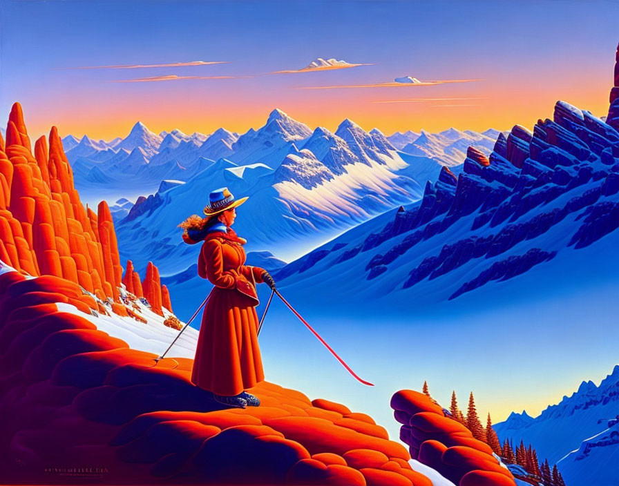 Colorful winter scene with person in classical attire on orange landscape and snowy mountains