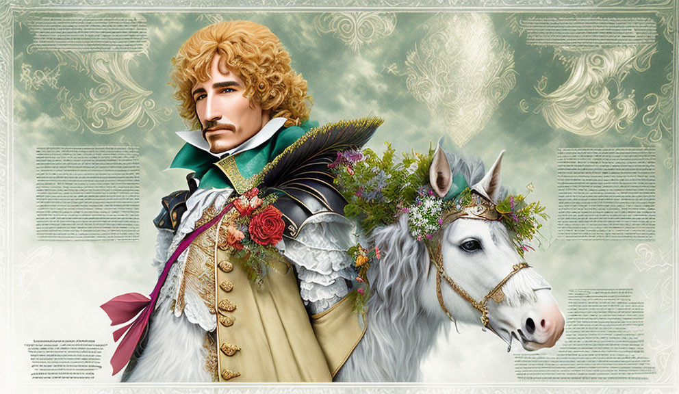 Fantasy portrait of nobleman in Renaissance attire with white horse