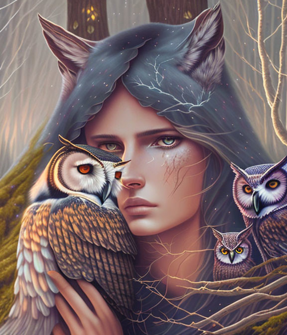 Illustration: Woman in wolf hood with two owls in enchanted forest