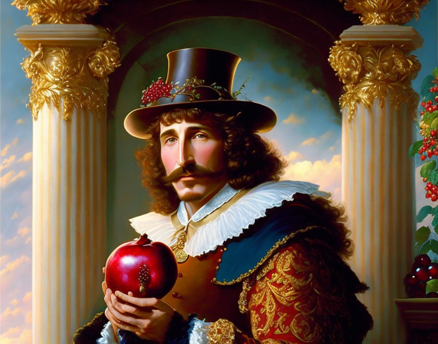 Elegantly dressed man with mustache and goatee holding red apple by classical columns