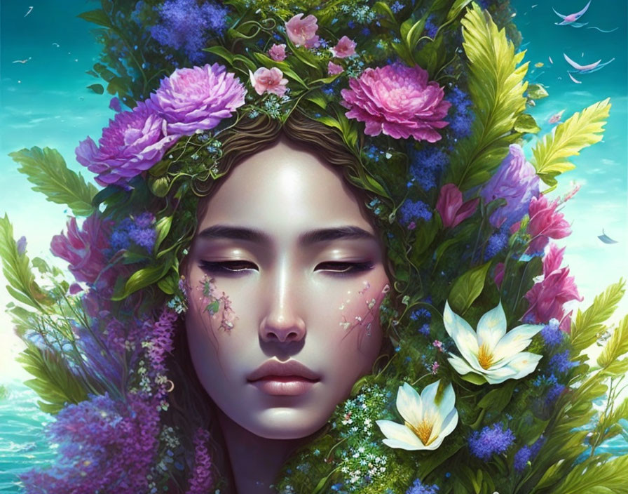 Woman's face in serene floral setting with closed eyes