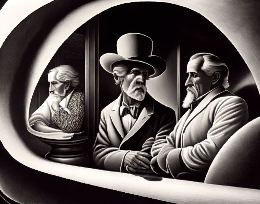 Monochrome artwork of three gentlemen in vintage attire through oval frame