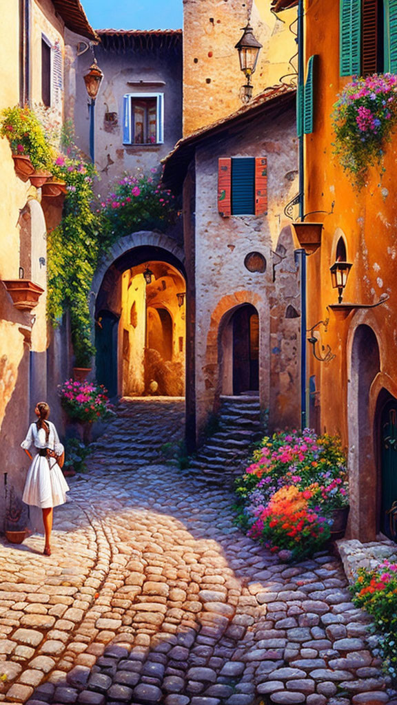 Woman in White Dress in Charming Cobblestone Alley with Colorful Flowers
