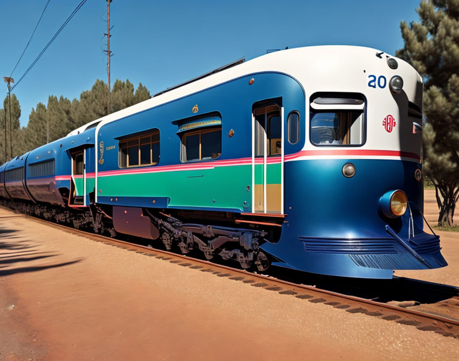 Vintage Blue and White Train on Tracks Amid Trees and Clear Sky