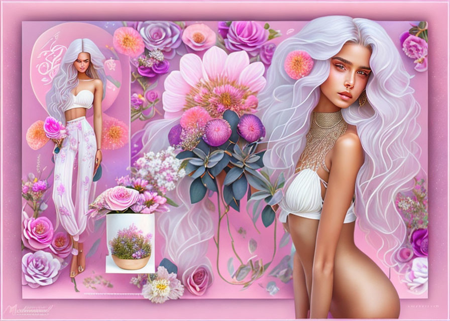 Fantasy digital artwork of a woman with long white hair and flowers.