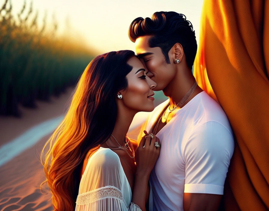 Romantic couple embrace in golden sunset hues