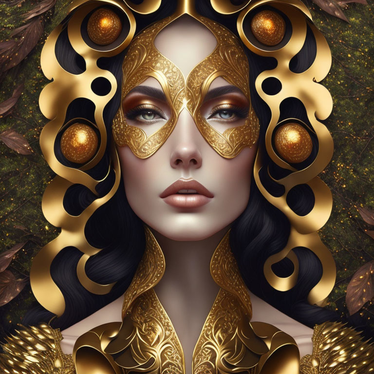 Woman with golden mask and headdress, dark hair & autumn leaves.