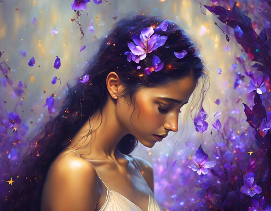 Serene woman with flowers in hair among mystical purple blooms