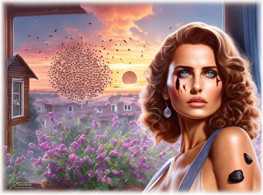 Woman admiring sunset with birds and flowers in digital art