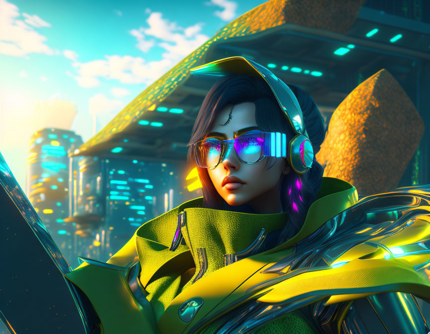 Futuristic character in sunglasses and headphones against neon cyberpunk cityscape