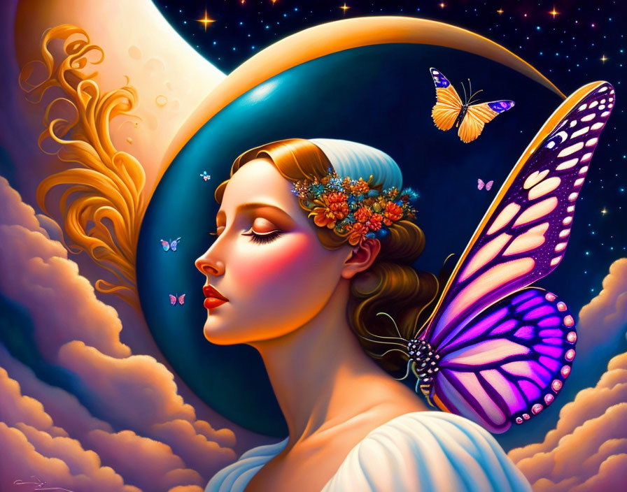 Stylized portrait of woman with flower crown and butterfly wing against moonlit sky