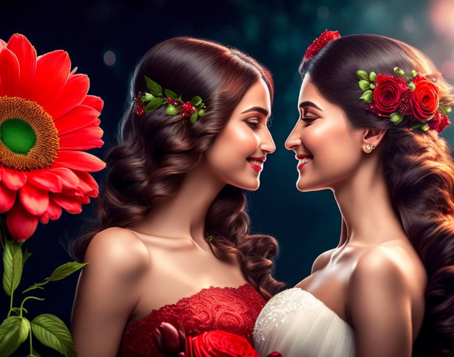 Two women with floral hair accessories smiling in white and red outfits with roses.