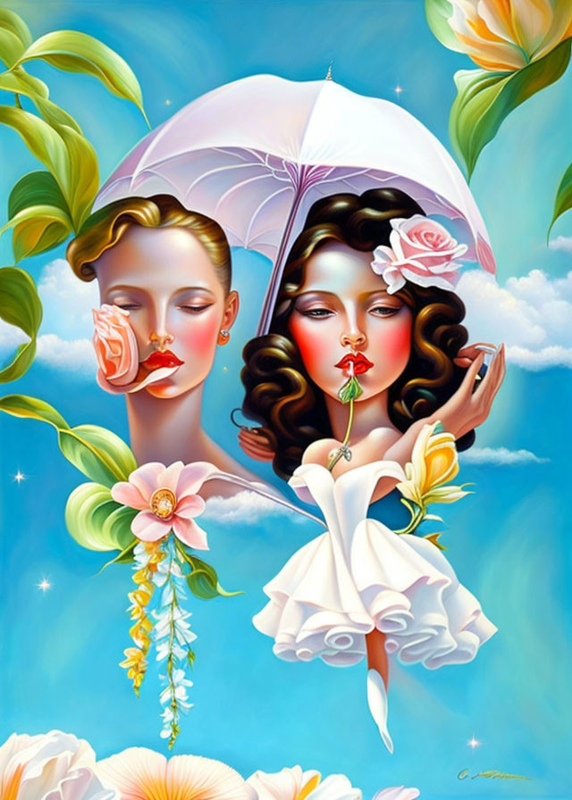 Stylized women under white umbrella with flowers on blue sky