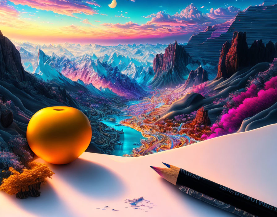 Colorful surreal digital art: river valley, multiple moons, golden orb, dusk sky.