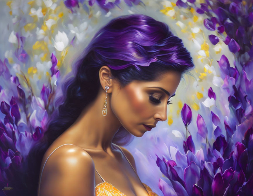 Vibrant Purple-Haired Woman Surrounded by Purple and White Flowers