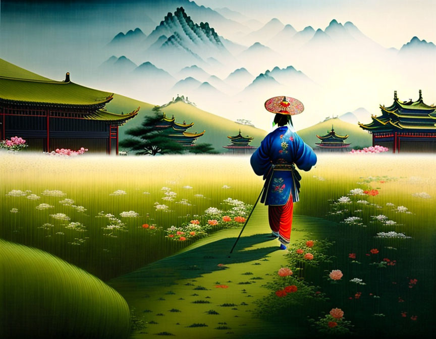 Person in traditional attire walking in vibrant landscape with classical architecture.