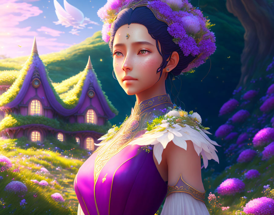 Digital artwork: Woman with elfin features in purple dress, floral hair adornments, fantasy landscape with