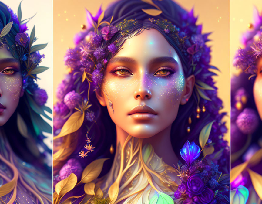 Fantasy woman triptych with floral crown and sparkling skin