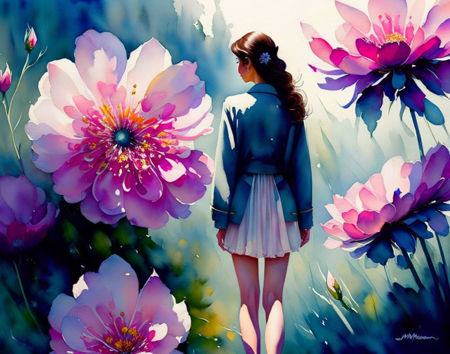 Girl in Blue Jacket Surrounded by Pink and Purple Flowers