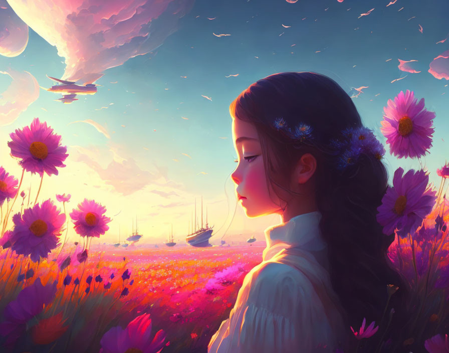 Tranquil sunset scene with girl, flowers, sailboats, and whimsical sky